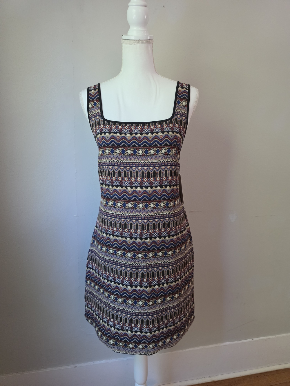 NWT Patterned Square-Neck Shift Dress - Black Multi